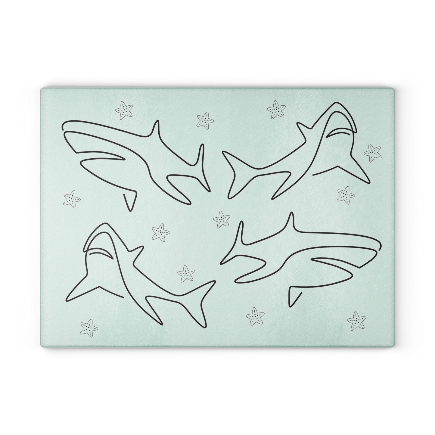 Shark and Starfish Line Art Glass Cutting Board large