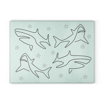 Shark and Starfish Line Art Glass Cutting Board large