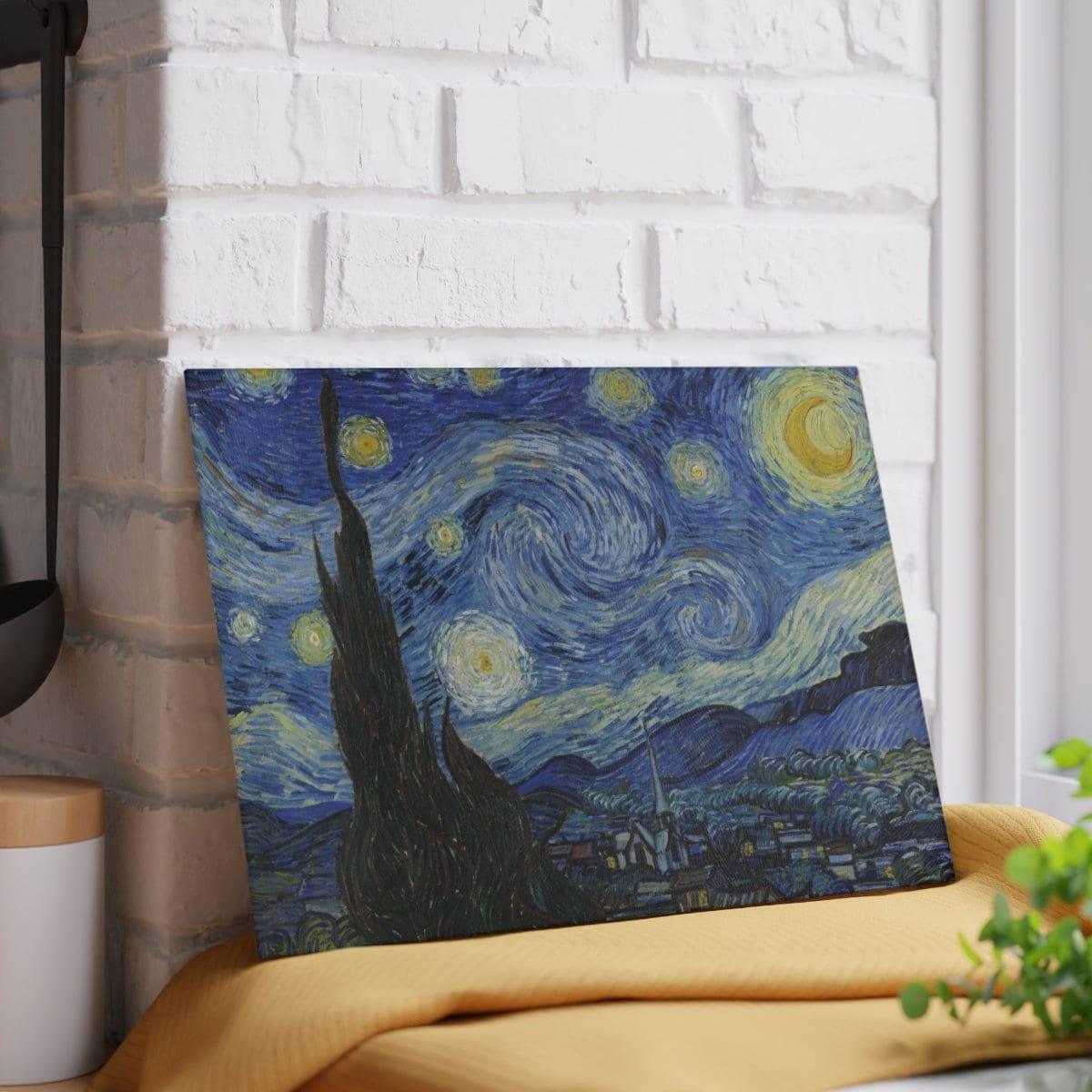 Starry Night Vincent Van Gogh Glass Cutting Board against wall