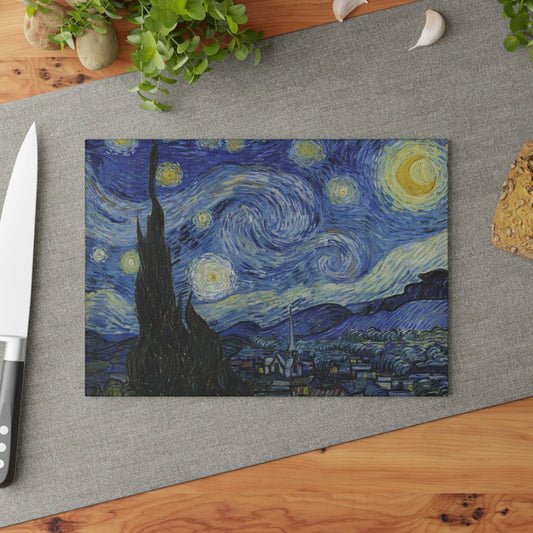 Starry Night Vincent Van Gogh Glass Cutting Board on table